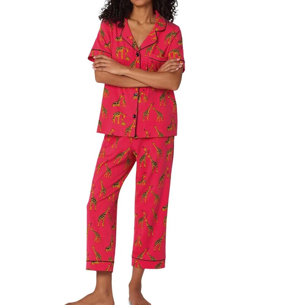 EUC Bedhead Giraffes In Love Short Sleeve Cotton Jersey Cropped Pajama Set Sz M - Picture 2 of 13